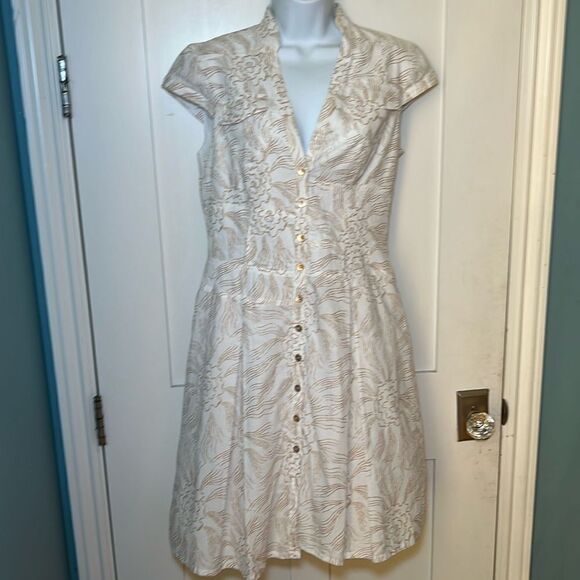 Kay Unger 100% Cotton Cap Sleeve White Gold Midi Summer Romantic Dress Sz 6 - Picture 3 of 13